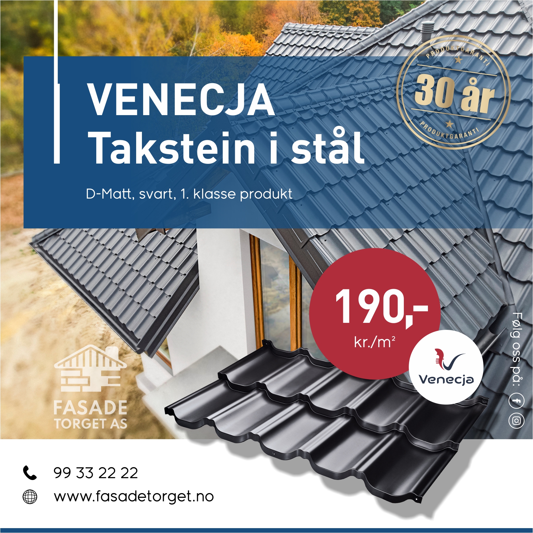 Takplater,sort stål taksten , Venecja modular tak 230kr m2