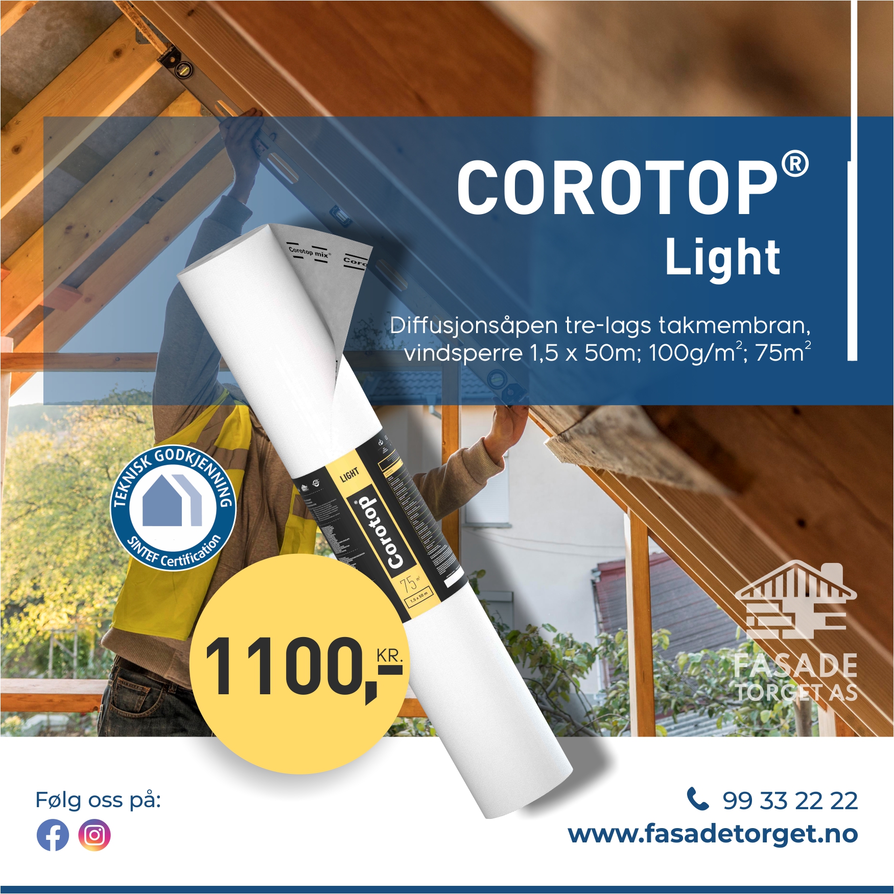 Corotop Light 100g/m2 75m2 - SINTEF GODKJENT 1300kr