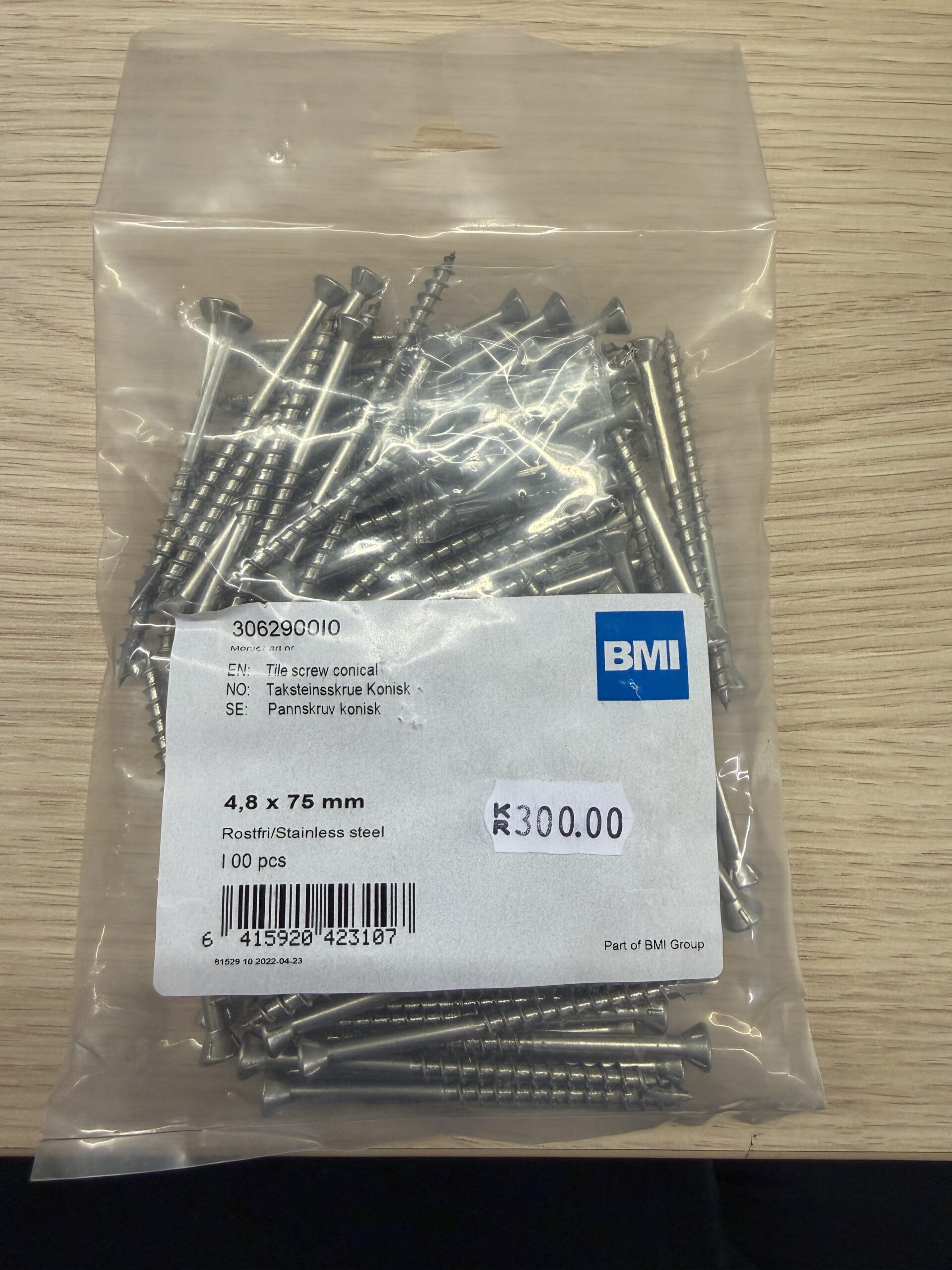 BMI Møneskrue 4,8x75mm ROSTFRI 100PCS 300KR