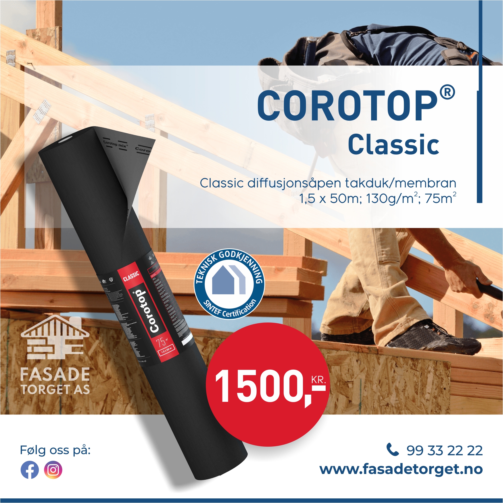 COROTOP Classic diffusjonsåpen takduk/membran 130G/ 1,5X50M - 75m2 SINTEF GODKJENT 1800kr