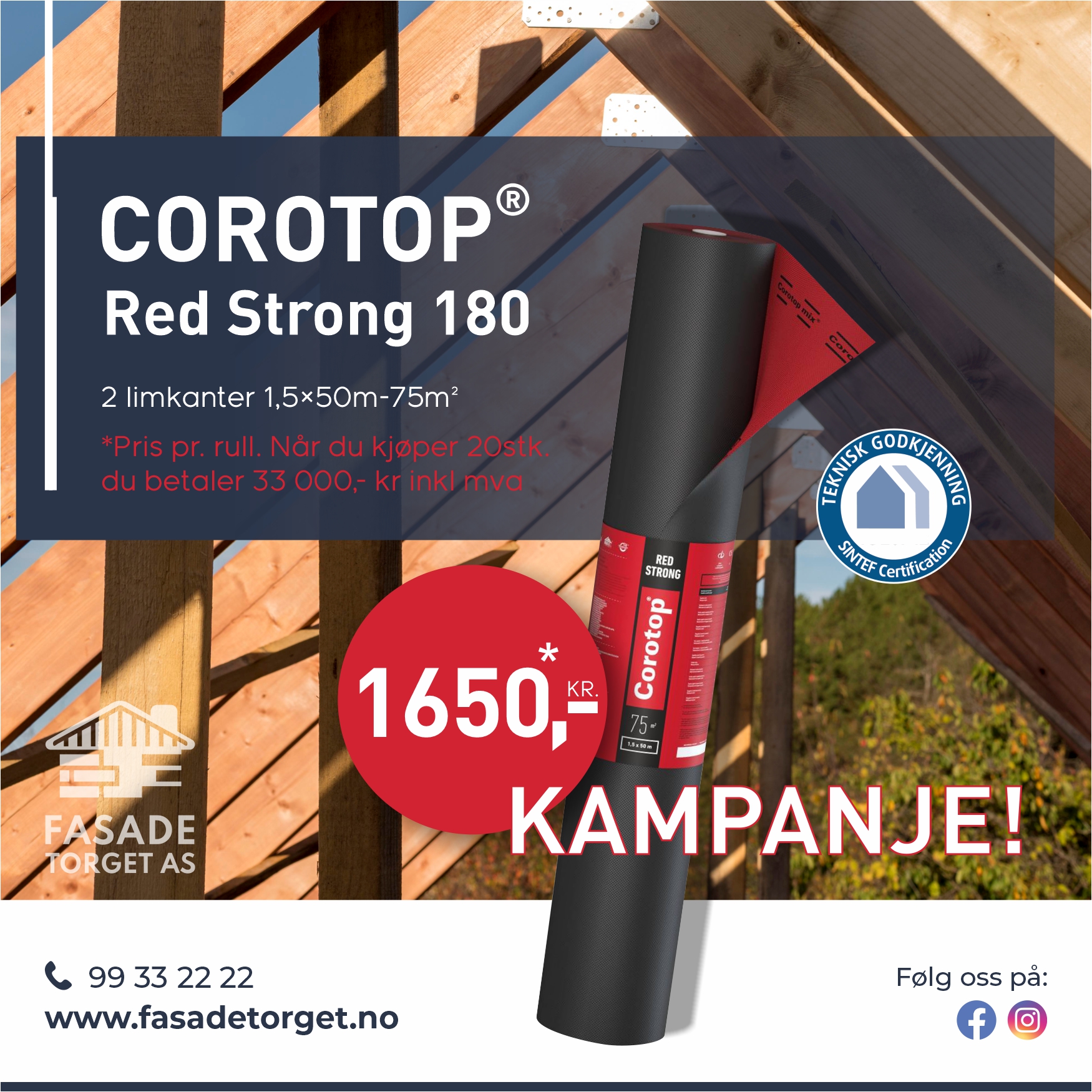 Corotop® Red Strong 180 Diffusjonsåpent undertak med 2 limkanter 20stk 40000kr